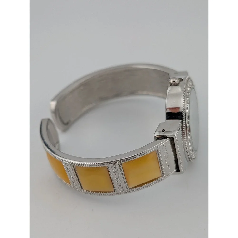 Studio Time Watch Women 33mm Silver Tone Yellow MOP Inlay Cuff Bling New Battery